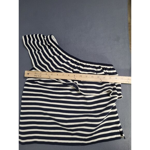 J. Crew One Shoulder Striped Ruffle Top Navy Cream SZ XS Preppy Cotton Classic - Picture 4 of 10